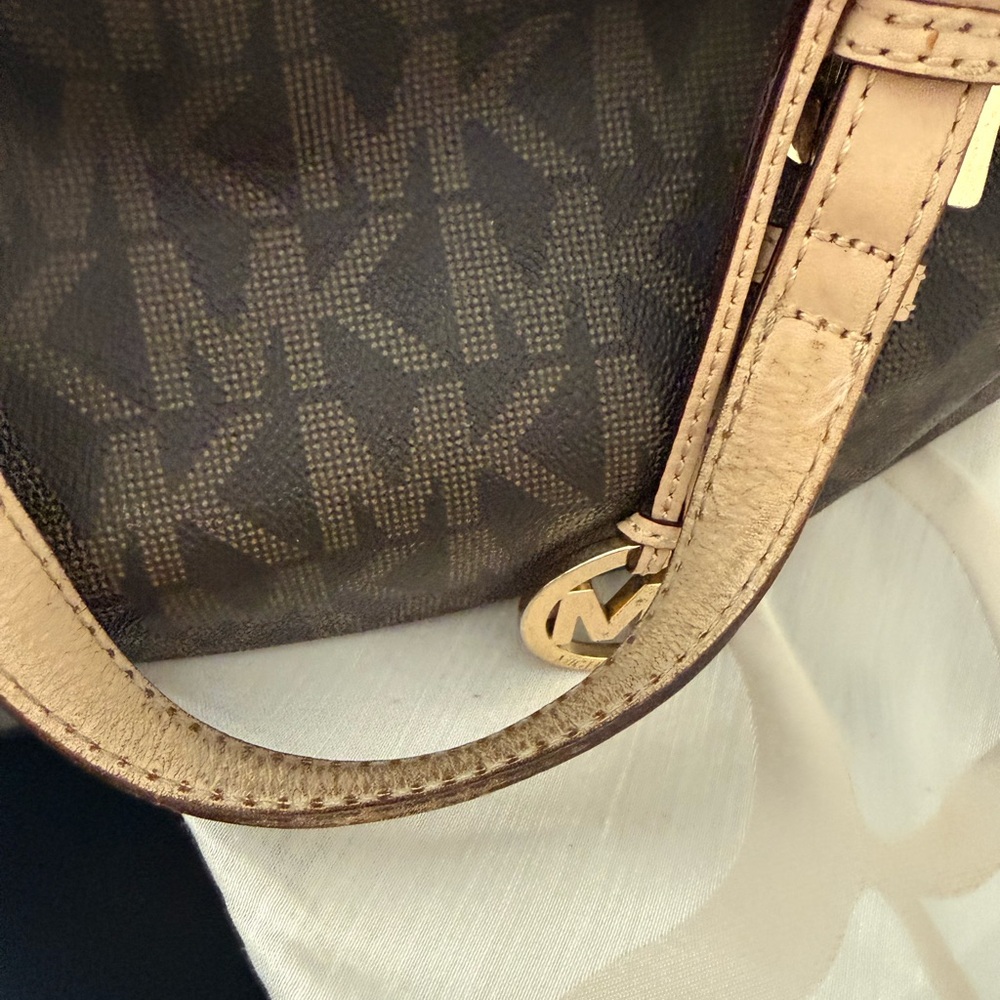 Michael Kors Brown Monogram Satchel with Tan Straps and Gold Hardware - Picture 4 of 5